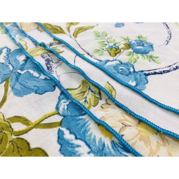 1960s Mod Retro Flower Power Table cloth Round Leaves Blue Green Yellow 65" Dia - Picture 4 of 9